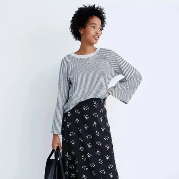 Madewell Terry Raglan Sweatshirt Black White Striped Round Neck Long Sleeve XXS - Picture 1 of 8